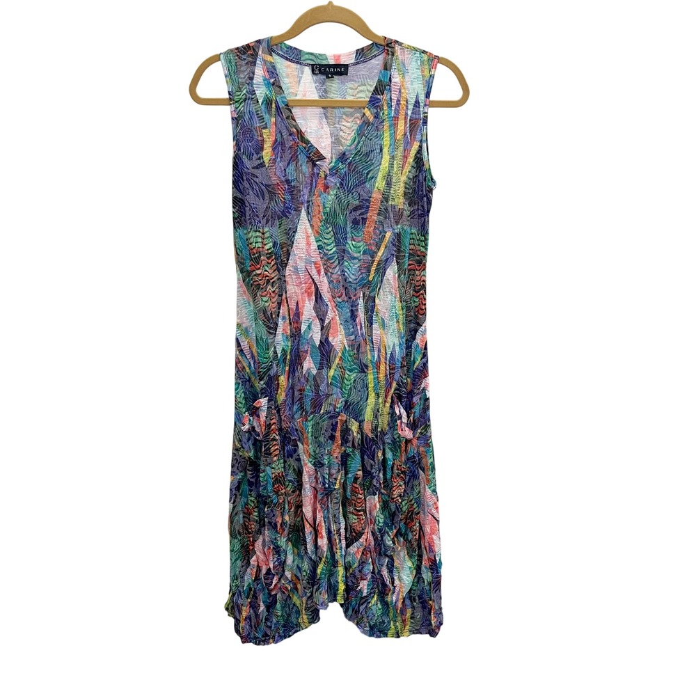 Carine Multi Abstract Print Crinkled Midi Dress Asymmetrical Hem Artsy SMALL